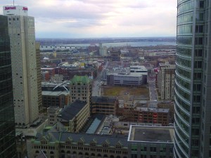 View of the Saint Lawrence River running through downtown Montreal from my hotel room. 