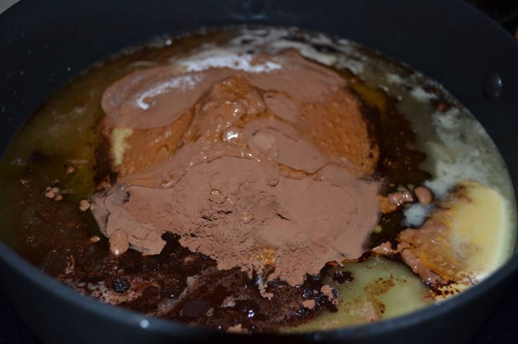 Cocoa and corn syrup added. 