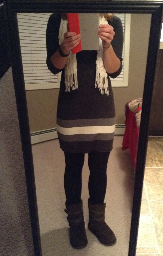 Leggings, sweater dress, scarf and EMU boots. 