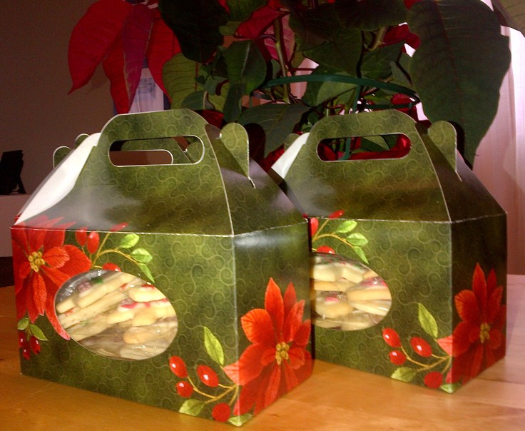 I filled these boxes with Christmas sugar cookies. Yum! 