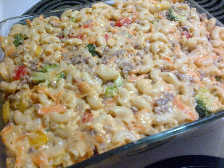 Add ground beef and put in casserole dish. 