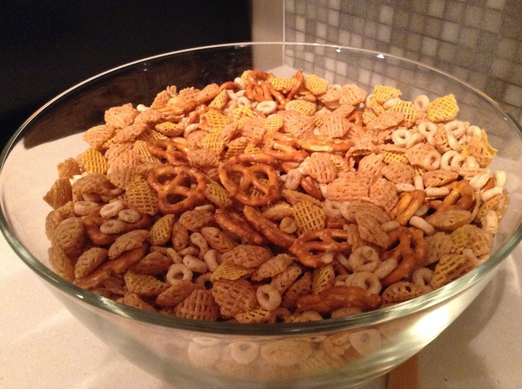 Crispix, Cheerios, pretzels and peanuts mixed together. 