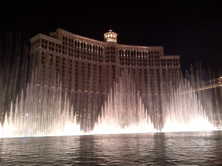 The Bellagio fountains from the ground. The fountains are choreographed to music.